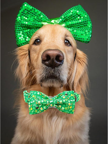 Lionheart glory Dog Bow Collar St. Patrick's Day Dog Collar for Medium Dogs, Adjustable Green Collars Lucky Clover Shamrock Dog Collar with Bowtie Pet Collar Bows