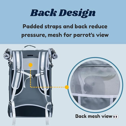 Birds Day Cockatoo Carrier Backpack-Parrot Travel Cage with Wooden Perch and Food Bowl, Stainless Steel Tray (Charcoal Gray, Cockatoo & Similar)