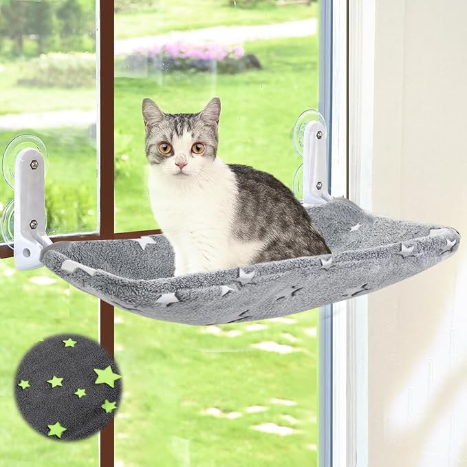 Cat Window Perch, Glow in The Dark Cordless Foldable Pet Hammock Bed for Window with Sturdy Metal Frame, Glowing Stars Pattern Resting Seat for Indoor Cats (Stars - L)