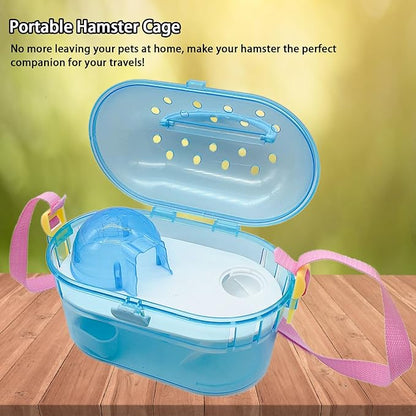 Portable Hamster Cage Syrian Hamster Carry Travel Cage with Water Bottle Food Bowl Adjustable Strap Small Animals Outgoing Cages for Gerbil Squirrel Guinea Pig Chinchilla Hedgehog Blue
