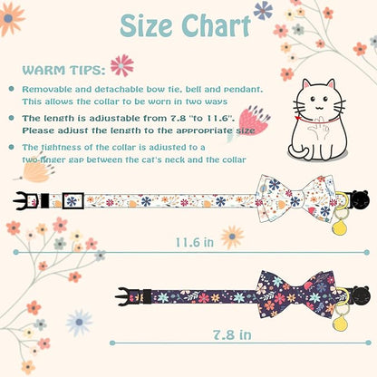 Flower Cat Collar Breakaway With Bow Tie Bell 2 Pack White & Blue Floral Pendant Cute Cat Collars Adjustable Safety Kitty Kitten Collars Soft Fancy Cat Collar for Female Girl Cats Male Boy Cats