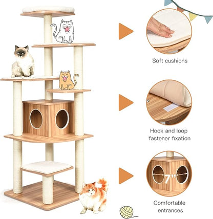 PETSITE 69 Inches Tall Cat Tree, Modern Wooden Cat Tower with Sisal Scratching Posts, Double-Entry Cat Condo, Multiple Jumping Platforms with Removable Soft Pads, Ideal for Indoor Cats Large Adult