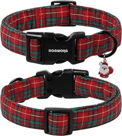 DOGWONG Christmas Plaid Dog Collar, Adjustable Red Tartan Collar, Scottish Red Grid Dog Collar with Strong Plastic Buckle for Small Medium Large Dogs,XS