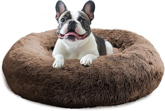 JOLLYVOGUE Calming Dog Bed Large Size Dog, Anti-Anxiety Donut Large Pet Bed, 36 inches Fluffy Faux Fur Round Cat Bed, Fits up to 75 lbs Pets (Coffee)