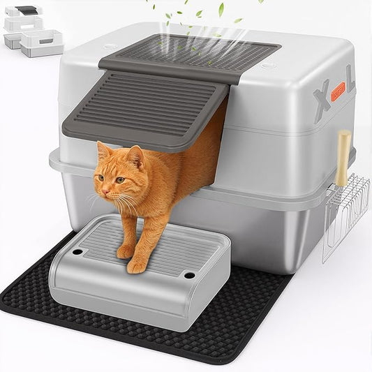 XL Premium Stainless Steel Enclosed Cat Litter Box with Lid, Extra Large Heavy-Duty Metal Litter Box for Big Cats & Multi-Cat Homes|Leak-Proof, Odor-Locking, Non-Stick Surface | Easy Clean (White)