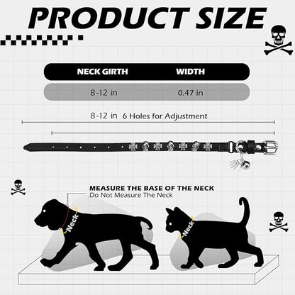 EXPAWLORER Cat Collar for Girl Boy Cats - Adjustable Leather Pet Collar with Safety Elastic Belt,Personalized Punk Accessories Buckle Collars with Bell & Durable D-Ring, Skull(Black)