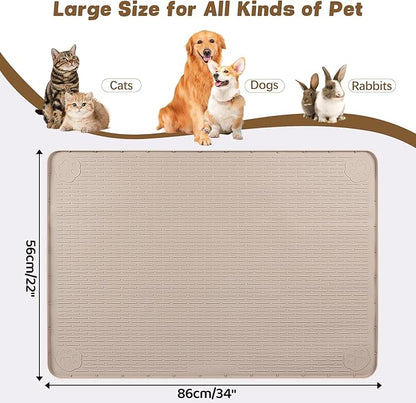 Cat Food Mat, 34" x 22" Large Silicone Pet Feeding Mat for Food and Water Bowls Non-Slip, Easy to Clean (Khaki)