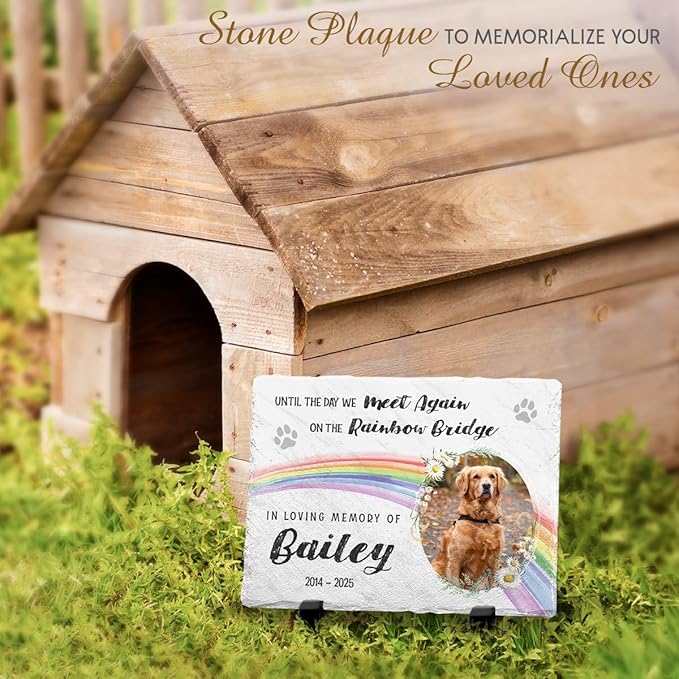 Rainbow Bridge Dog Memorial Gifts for Loss of Dogs - Custom Slate Stone in Loving Memory of Cat, Grave Marker to Decor Bereavement, Engraved Paw Prints on Pet Lovers' Hearts
