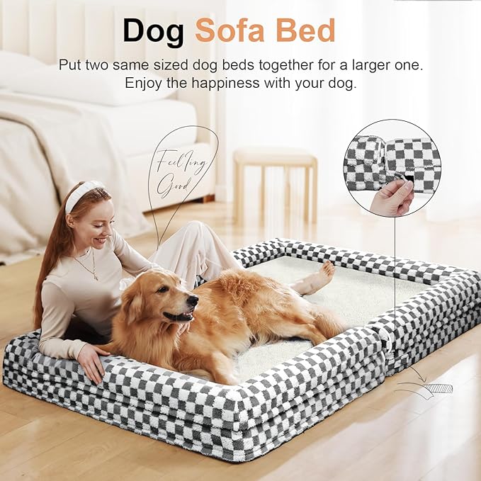 Large Dog Bed Orthopedic Washable: Beds Bolster XL Bed Large Big Dogs Egg Crate Foam Couch Sofa Waterproof with Removable Cover - Dark Grey Grid