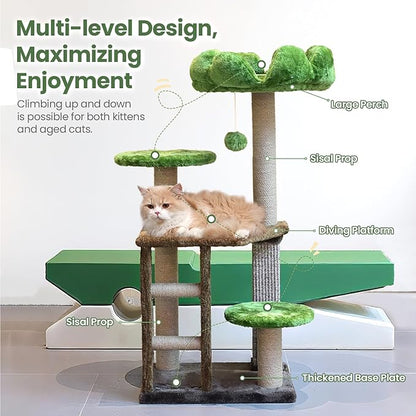Cat Tree, 37.4-Inch Cat Tower with Plush Cozy Perch for Indoor Cats, Sturdy Tower with Fully Sisal-Wrapped Columns and Plush Toy Ball for Kitty Play, Green