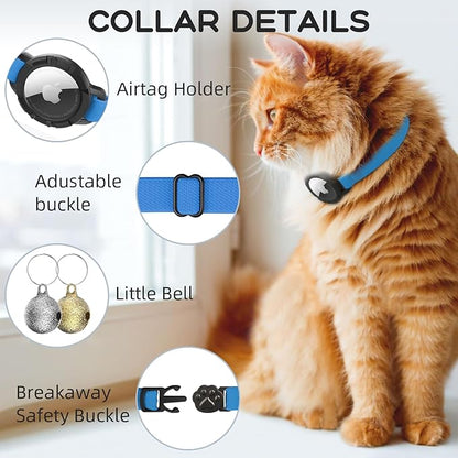 AirTag Cat Collars, Stretchy Collar with Apple AirTag Holder and Bell, Breakaway Ultra Design Elastic GPS Tracking Collars for Cats and Puppies, (7.5-12.5 Inch), Sapphire Blue