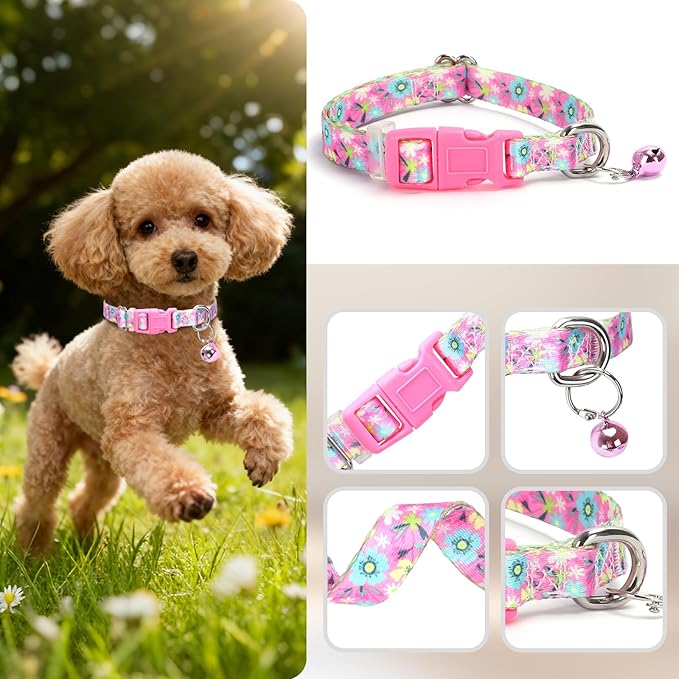 Small Dog Collar with Bell - Durable Nylon Collar for Small Breeds, Adjustable Flower Pattern Collar for Chihuahua Pomeranian Yorkie, Heavy-Duty for Active Puppies（S）
