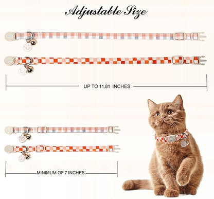 Unique Style Paws Orange Cat Collar,Cute Cat Collars with Checkboard Pattern,Orange Kitten Collar with Breakaway Buckle,Ideal Gift for Boy Girl Cats