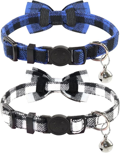 Joytale Upgraded Cat Collar with Bells, Breakaway Cat Collars with Bow Tie, 2 Pack Girl Boy Safety Plaid Kitten Collars, Black+Blue