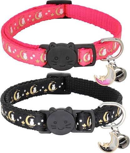 2 Pack Breakaway Cat Collar with Bells, Adjustable Moon and Star Kitten Safety Collars for Boys & Girls, Black+Hotpink