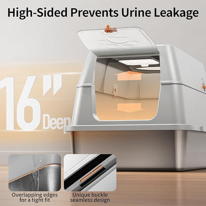 Stainless Steel Cat Litter Box with Lid, 180° Flip-Top XL Extra Large Enclosed Litter Box, Covered Metal High Sided Litter Pan with Steps & Scoop, Easy Cleaning, Odor Control, Non-Sticky-Grey