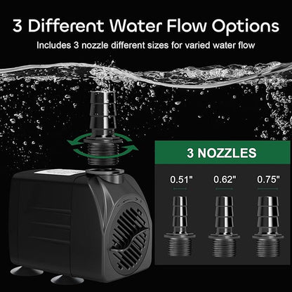 GROWNEER 550GPH Submersible Pump 30W Fountain Water Pump, 2000L/H, with 7.2ft High Lift, 3 Nozzles for Aquarium, Fish Tank, Pond, Hydroponics, Statuary, Pool