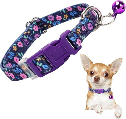 Cute Puppy Collar with Bell-Nylon Dog Collar for Small Breeds, Adjustable XXS XS Tiny Pet Little Dogs Girl Kitten Female Small Animal, for Puppies Purple Flowers X-Small