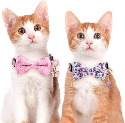 2 Pack Cotton Cat Collar with Bow Tie and Bell for Girl Boy Cats,Cute Pink Flamingo and Blue Whale Pattern Spring Summer Breakaway Cat Collar for Male Female Cats (Butterfly&Violet)