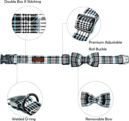 Lionheart glory Dog Bow Collar Blue and Black Plaid Dog Collar for Medium Dogs,Boy Dog Collars with Bowtie Spring Summer Collars Soft Adjustable Pet Collar Bows