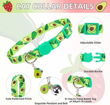 PUPTECK Breakaway Cute Cat Collar with Bell Charm, 2 Packs Adjustable Kitty Collars Fruit Pattern, Pink&Green, 7.8-11.8 in