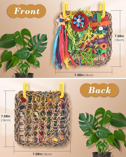 ERKOON Cockatiel Toys, Budgie Toys Foraging Toy Hanging Bird Toy for Lovebrid Parakeets Conures Parrot Foraging Wall with Colorful for Birds Shredding Seagrass, Birds Cage Accessories-2 Pack