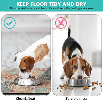 Moroccan Trellis Dog Food & Water Mat, Mexican Talavera Boho Colorful Pet Feeding Mat for Floor Non-Slip Waterproof, Super Absorbent Cat Bowl Mat, Easy to Clean Durable Pet Placemat,12" × 20"