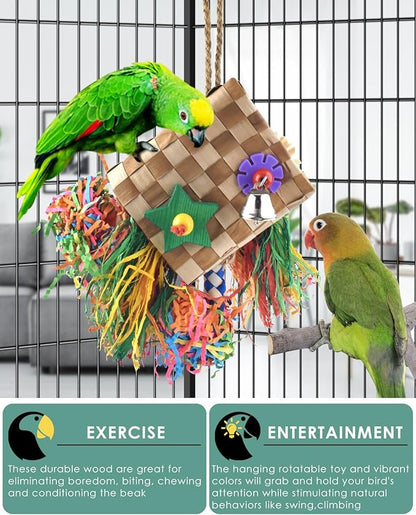 Bissap Bird Chew Toys, Parrot Foraging Shredder Natural Palm Frond Hanging Cage Toy for Conure Lovebird Budgie Cockatiel African Gray Cockatoos Amazon and Similar Sized Pet Birds - Flat Square