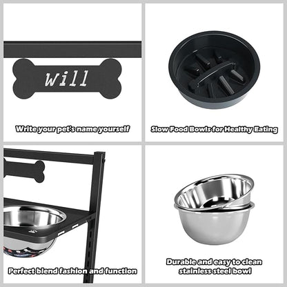 9 Height Adjustable Dog Bowl Stand with Two 1.7L Stainless Steel, Slow Feeder Bowls and Nonslip Pad, Perfect for Medium and Large Dogs