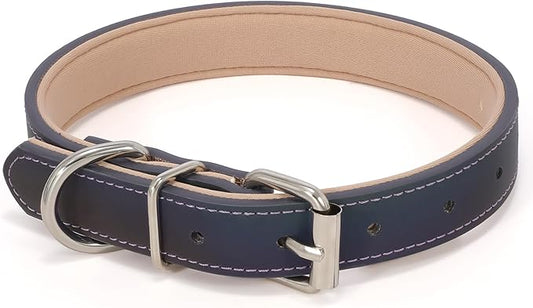WHIPPY Leather Dog Collar for Medium Large Dog Adjustable Soft Leather Padded Puppy Collar with Alloy Buckle Heavy Duty Waterproof Classic Dog Pet Collar