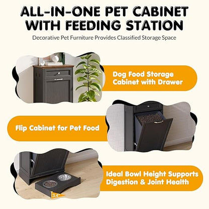 Tilt Out Trash Can Cabinet with Dog Bowl, 13 Gallons Dog Feeding Station with Storage, Dog Food Cabinet with Hideaway Drawer for Kitchen, Living Room,Laundry Room