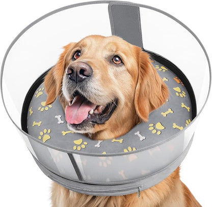 Inflatable Dog Cone with Anti-Licking Clear Shield, Protective Dog Donut Collar After Surgery, Adjustable Soft Recovery Cone for Pets, Alternative Collar with Buckle Strap (Grey Paw, XL)