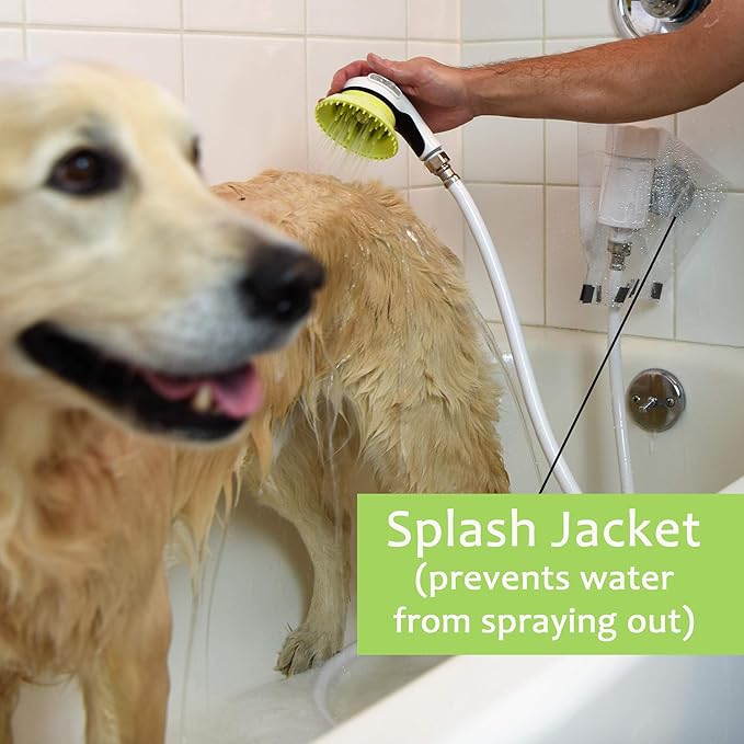Wondurdog Bathtub Spout and Garden Hose Attachment Dog Wash Kit w/Splash Shield and Rubber Scrubbing Teeth. Tub Spouts with Front Pull Up Diverter Only. Pet Grooming for Long and Short Hair.