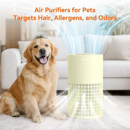 AIRROMI Air Purifier for Bedroom with HEPA Fet Filters, Pet Air Purifiers for Home Cat Pee Smell, Covers Up to 990Ft², Quiet 360° intake Air Cleaner for Allergies Dust Smoke Odor A2001 Yellow