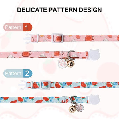 Unique Style Paws Kitten Collar,Cute Cat Collar with Bell,Kitten Collar Breakaway Buckle with Strawberry,Pumpkin Pattern,Adjustable Halloween Cat Collar,Ideal Gift for Boy Girl Cats