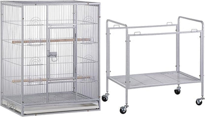 SUPER DEAL 53-Inch Rolling Bird Cage Large Wrought Iron Cage for Cockatiel Sun Conure Parakeet Finch Budgie Lovebird Canary Medium Pet House with Rolling Stand & Storage Shelf, White