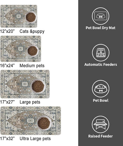 Dog Food Mats for Floors, Absorbent and Quick-Drying Pet Cat Food Mat,Anti-Fouling and Easy-to-Clean Pet Feeding Mat,Dog Bowl Mat for Messy Drinking Water Bowls.17 x32, Bohemia Style