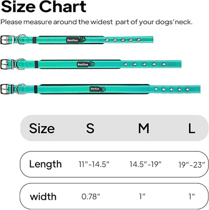 PetiFine Dog Collar for Large Dogs, Neoprene Padded and Adjustable, Reflective Wide Heavy Duty Pet Collars with Durable Metal Belt Buckle for Walking, Teal, L