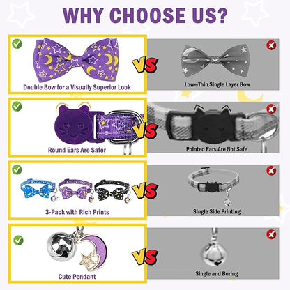 SCENEREAL Breakaway Cat Collar with Bell, 3 Pack Safety Adjustable Cat Collars with Pendant, Spring Summer Personalised Puppy Kitten Collar with Bowtie for Boys Girls, Star and Moon Elements