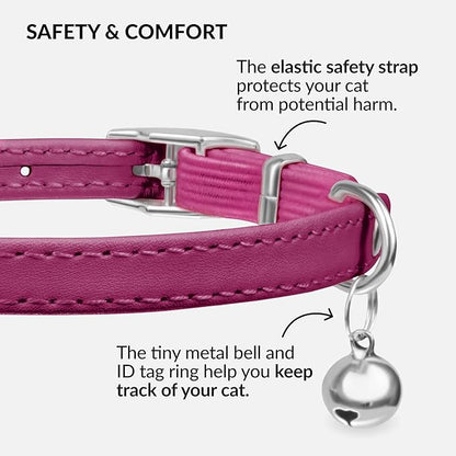 CollarDirect Leather Cat Collar with Bell - Kitten Collar, Small and Big Cat Collar for Boy Cats, Girl Cats with Safety Elastic Strap (Neck Fit 6"-7", Pink)