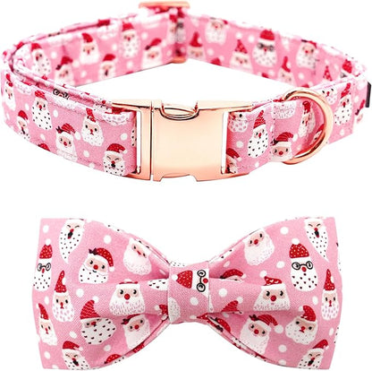 Dog Collar, Christmas Pink Santa Claus Cotton Pet Collar Bow Holiday Girl Boy Cute Puppy Collar Adjustable Pet Collar for X-Large Dogs
