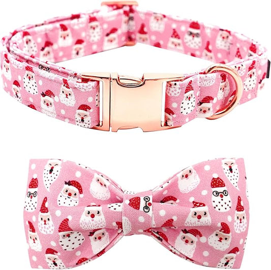 Dog Collar, Christmas Pink Santa Claus Cotton Pet Collar Bow Holiday Girl Boy Cute Puppy Collar Adjustable Pet Collar for Medium Dogs