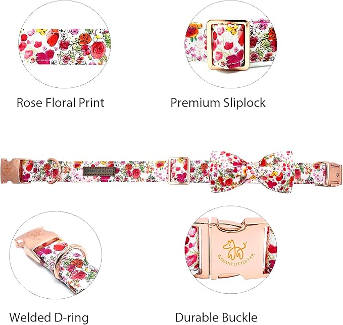 Elegant little tail Dog Collar, Pink Rose Print Pet Collar Summer Dog Collar Durable Metal Buckle Dog Collars Cotton Pet Adjustable Dog Collars for Large Dogs