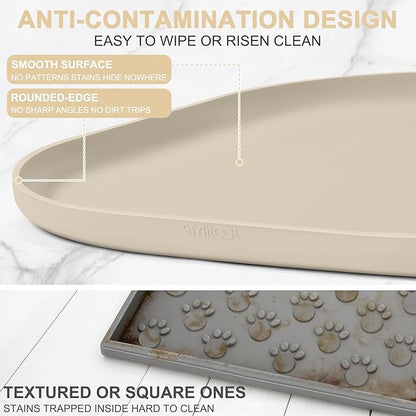 Silicone Pet Food Mat with Raised Edge for Food and Water Bowl, Dog Feeding Mats, Cat Food Trays for Floor Waterproof, Rubber Tray for Dogs and Cats, 24 x 16 x 0.8 Beige