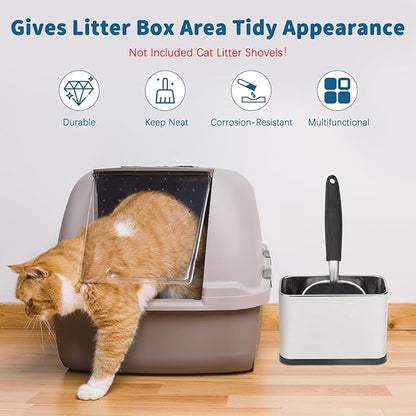 FHTONGE Stainless Steel Cat Litter Scoop Holder, Detachable Metal Cat Scooper Caddy, Universal Kitty Pooper Stand Trash Can Container for Most Pet Poop Shovels, Kitten Waste Scoops Storage Box