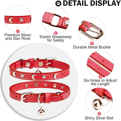 Leather Cat Collars for Boy Girl Cats with Bell and Safety Elastic Belt, Personalized Star and Moon Stud Adjustable Safe Buckle Collar for Kitty Small Big Cats Size 8-12 Inch, Red
