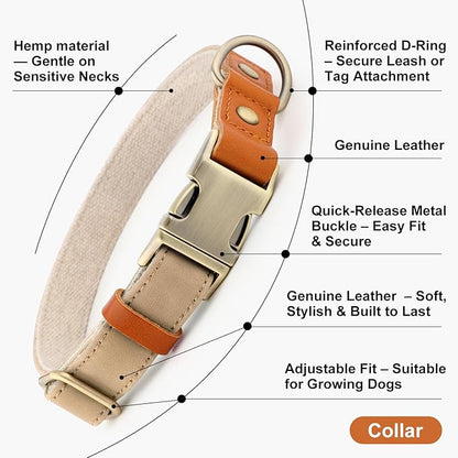 Plutus Pet Genuine Leather & Hemp Dog Collar – Adjustable Heavy Duty Pet Collar with Quick Release Metal Buckle, Soft & Stylish for Puppy and Small, Medium, Large Dogs (Beige, M)