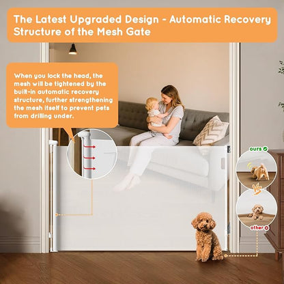 Retractable Baby Gate for Stairs, 71" Wide Mesh Pet Gate, Automatic Tension, One-Hand Operation, 38" Tall Baby Gates for Doorways, Hallways, Deck, Indoor Outdoor, Safe, Easy to Fit, White