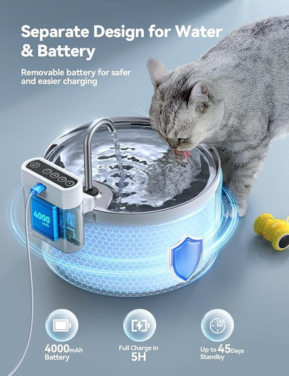 Wireless Cat Water Fountain [Water & Battery Separation] FEELNEEDY Automatic Pet Water Dispenser with Motion Sensor, 3.5L/118oz 4000mAh Battery Operated Water Fountains for Cats Dogs