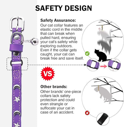 Leather Cat Collars for Boy Girl Cats with Bell and Safety Elastic Belt, Personalized Star and Moon Stud Adjustable Safe Buckle Collar for Kitty Small Big Cats Size 8-12 Inch, Purple